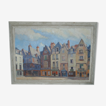 Tableau huile sur toile représentant la place Plumerau à Tours 1938 par F Chauveau
