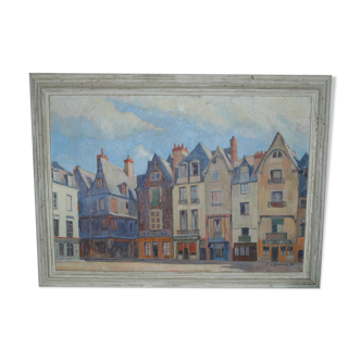 Tableau huile sur toile représentant la place Plumerau à Tours 1938 par F Chauveau