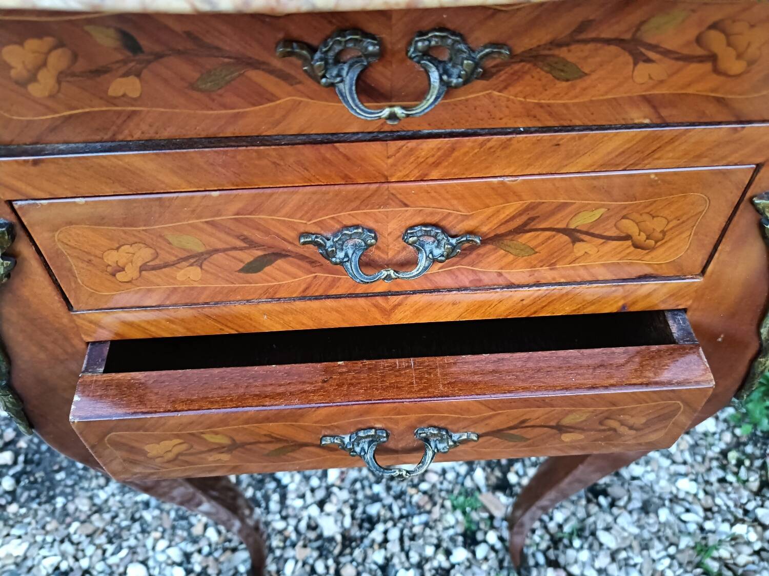 Louis xv style marble top marquetry bedside tables