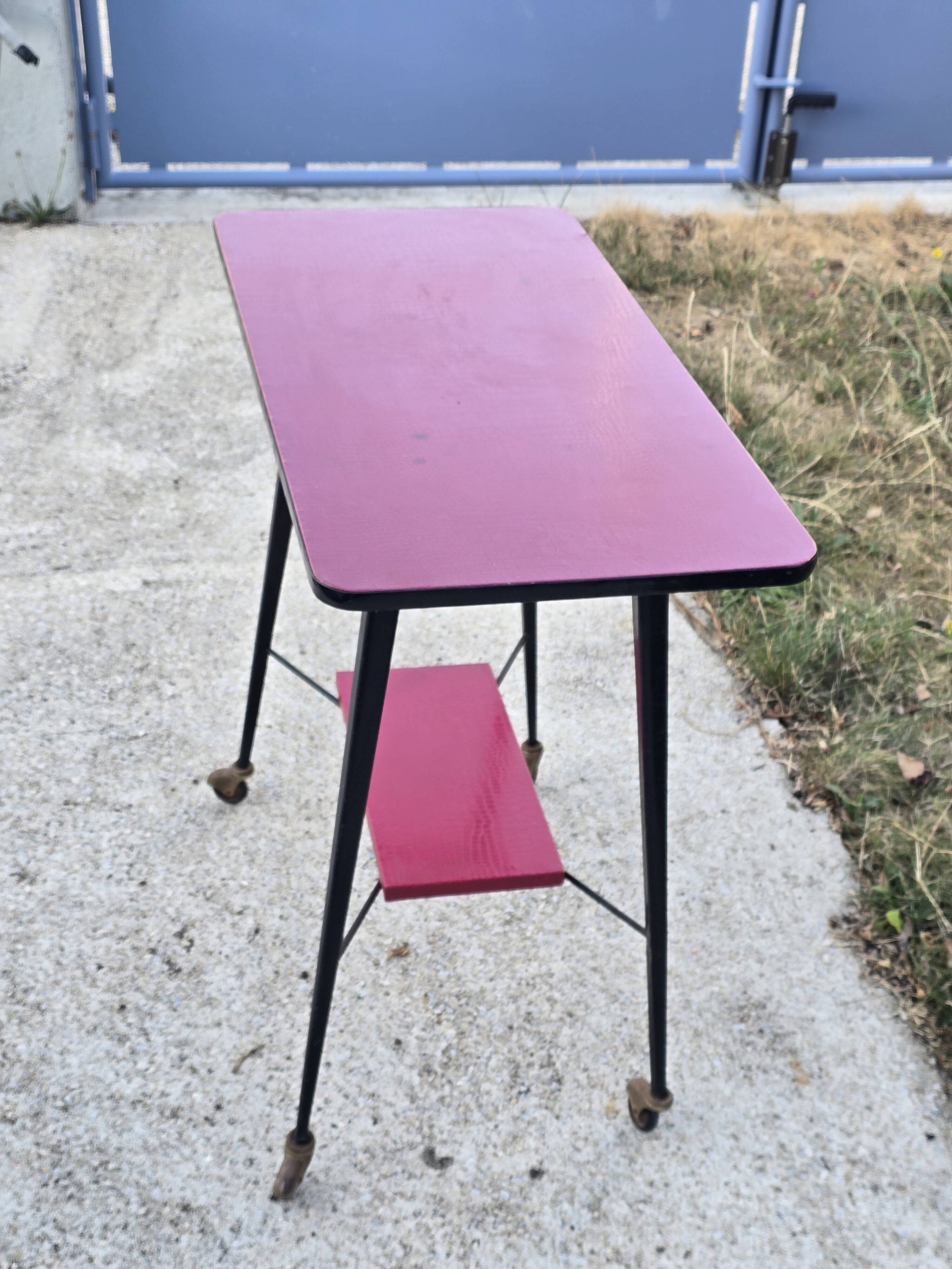 occasional table on wheels - red faux leather - vintage