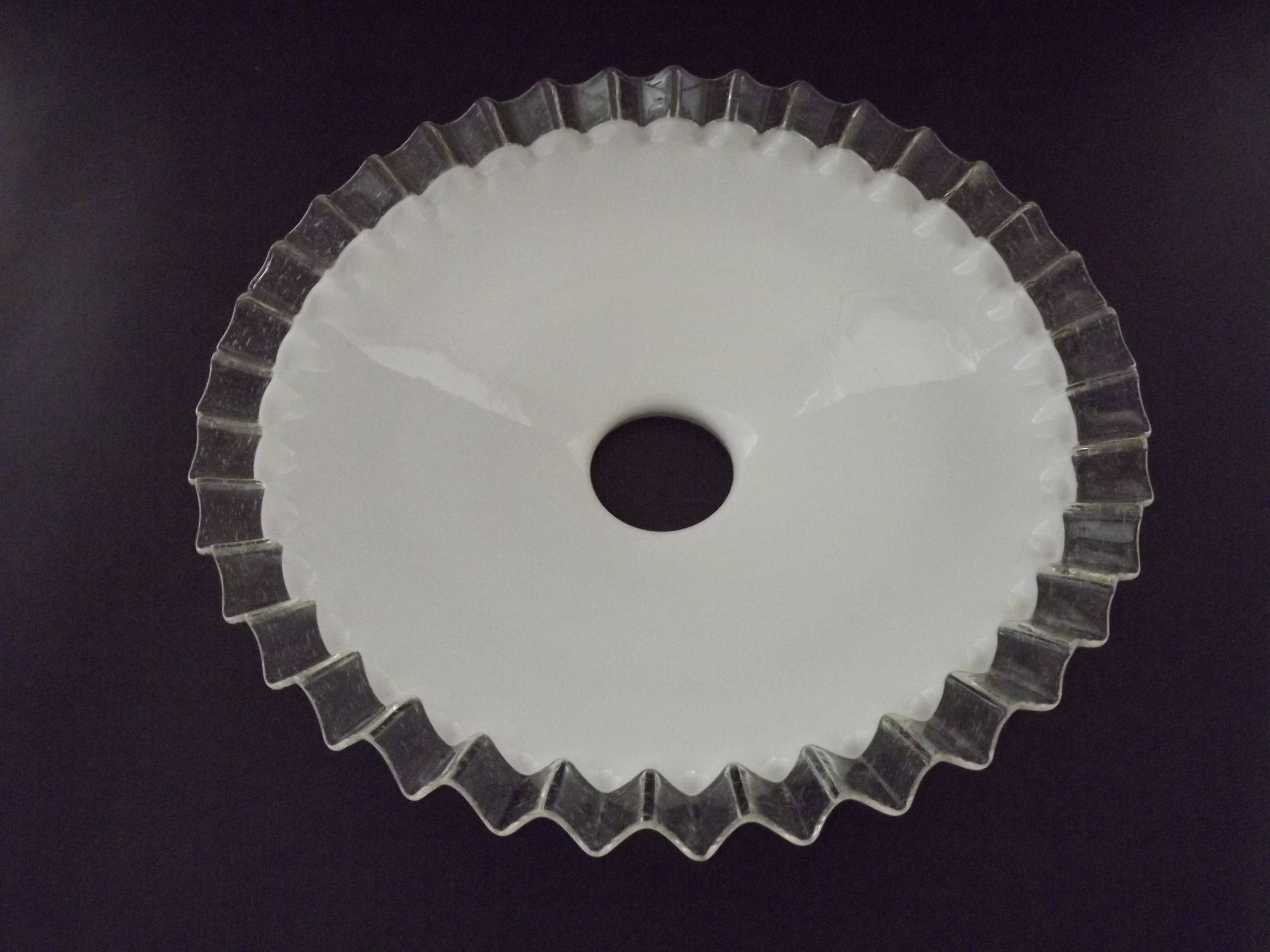 French frilled glass pendant shade, white opaline glass with a clear scalloped edge.
