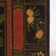 Coffre en bois ancien avec illustrations de fleurs de lotus (Chine, vers 1900)