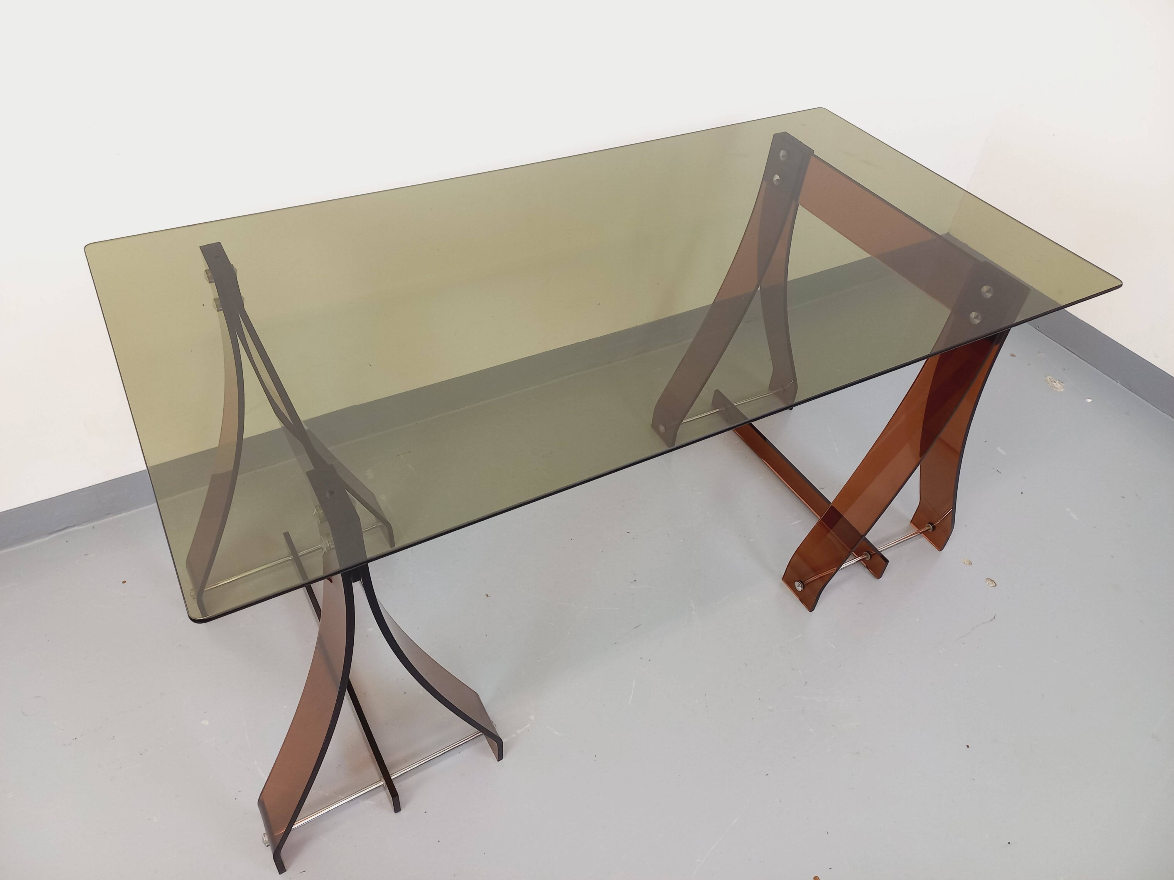 Vintage Marcello Gacita and Pierre Tiberi desk in smoked glass and plexiglass
