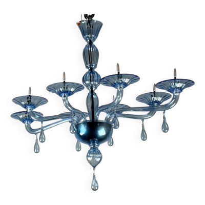 Lustre vénitien en verre de murano bleu, 8 bras de lumière