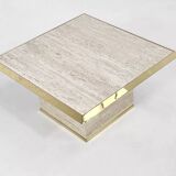 1970s square coffee table in travertine and brass