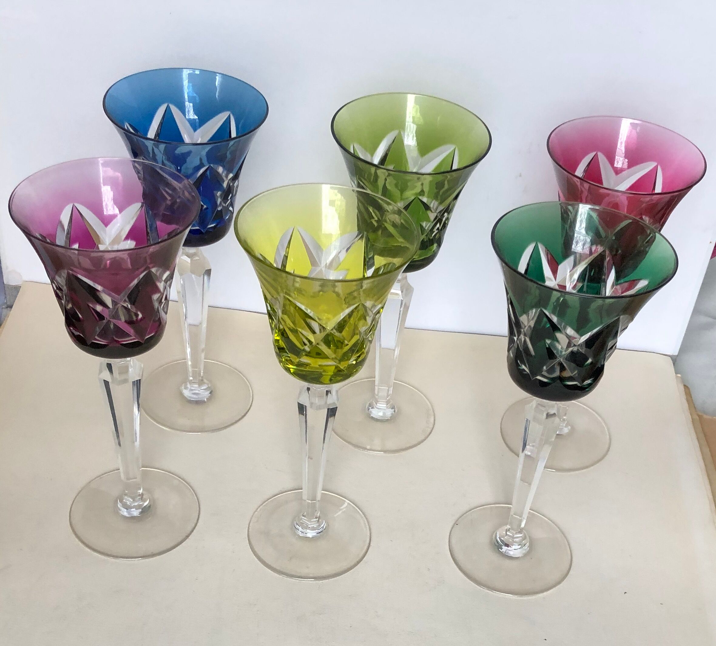 Set of six Val Saint Lambert crystal wine glasses