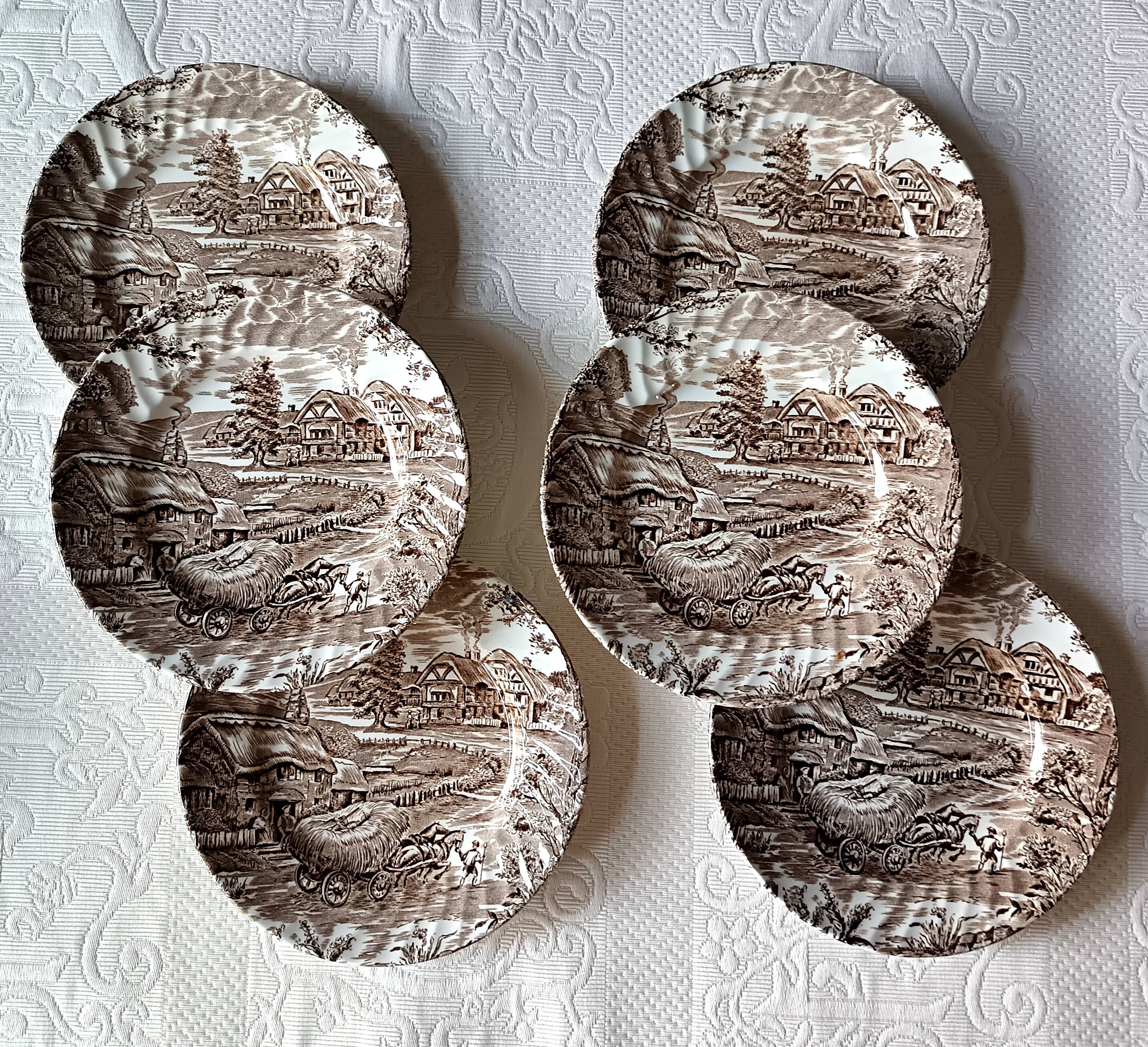 6 Ridgway "Hayride" brown and white dessert plates, Staffordshire Iron