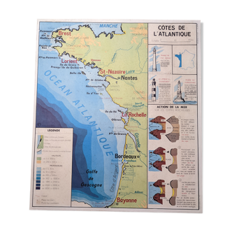 Old map of france school poster vintage climates atlantic coast 60s