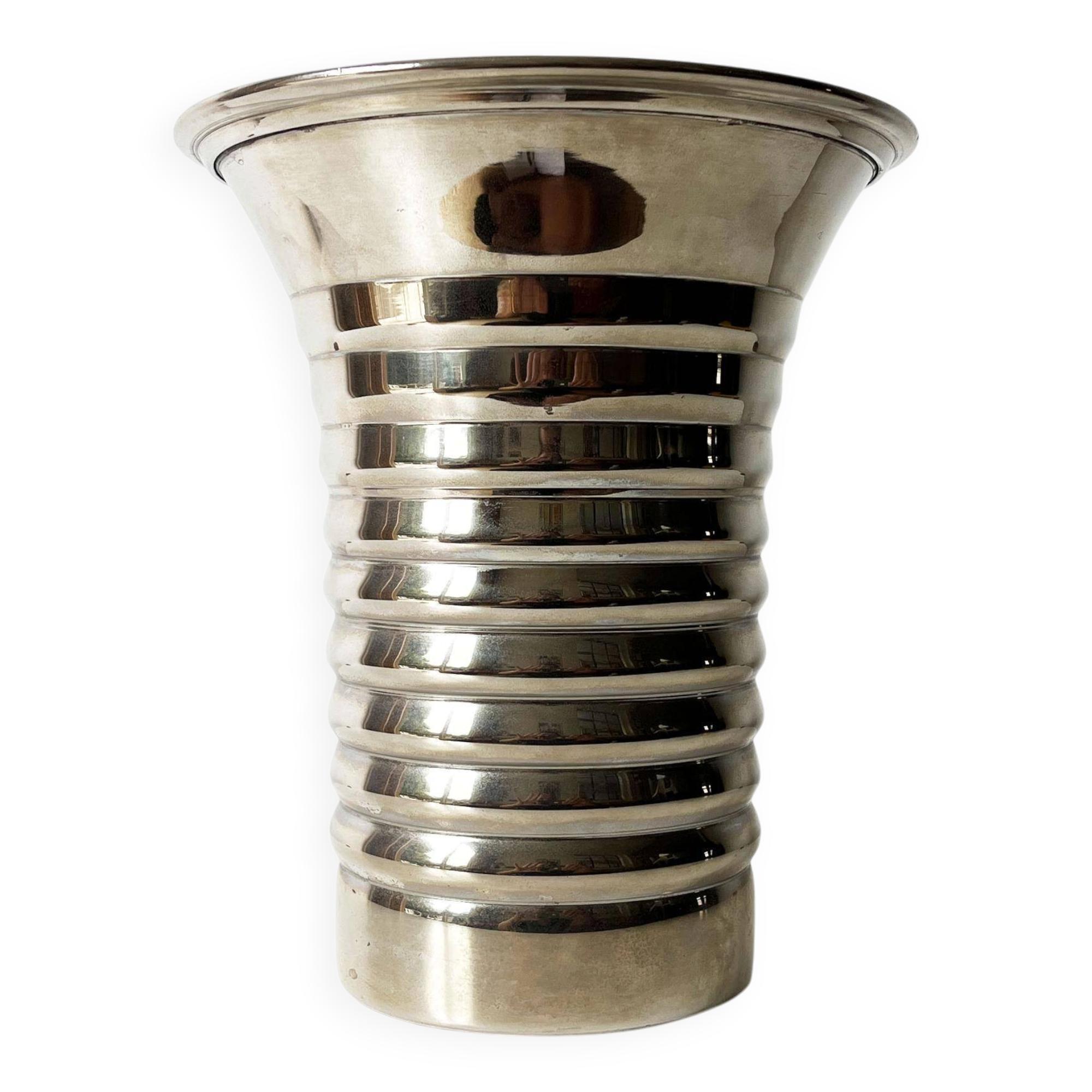 Vintage modernist striped polished aluminium vase