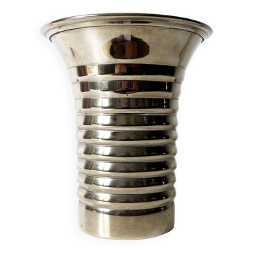 Vintage modernist striped polished aluminium vase