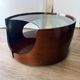 Italian Space Age coffee table in curved wood and smoked glass – 1970s