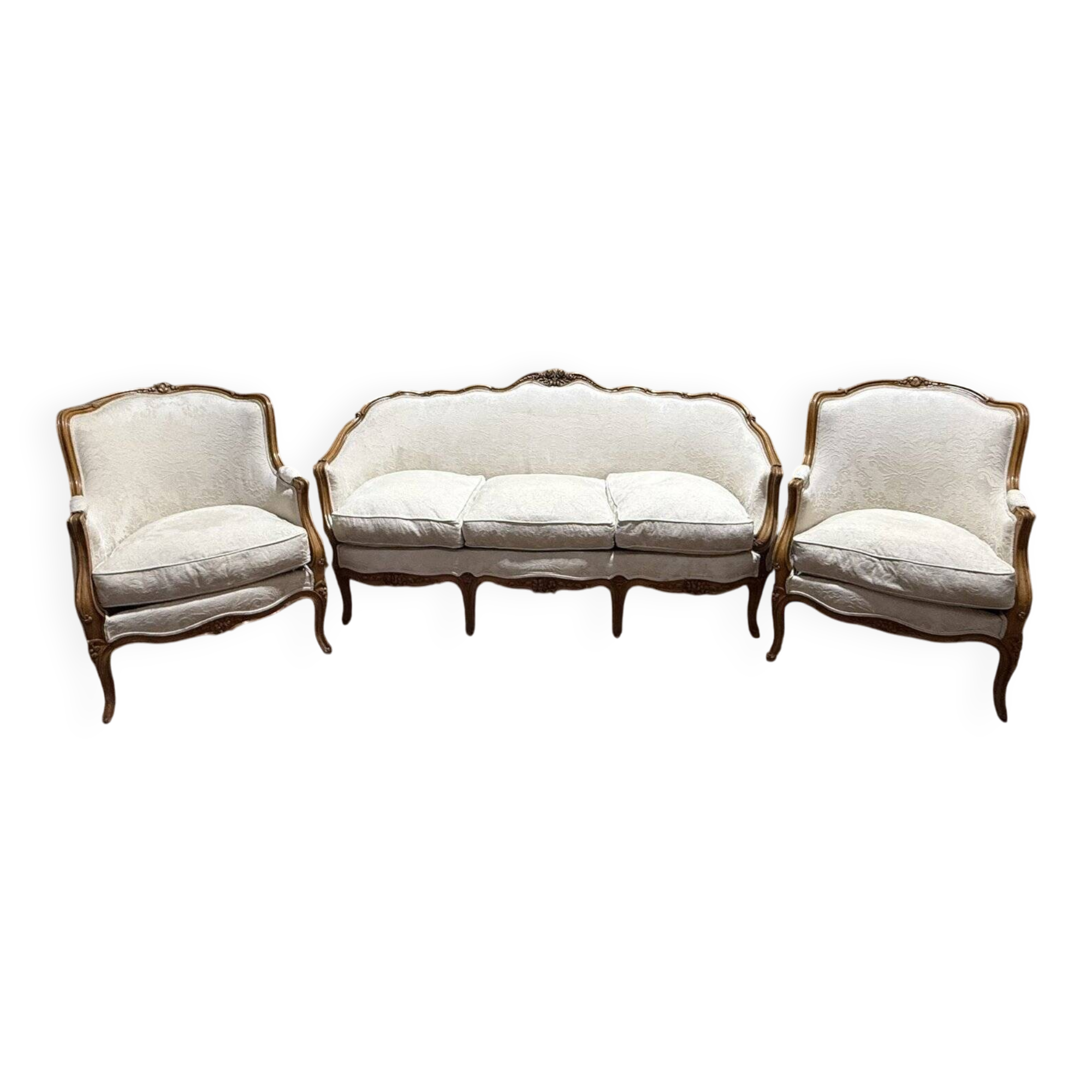 Beige Louis XV style salon sofa and pair of armchairs.