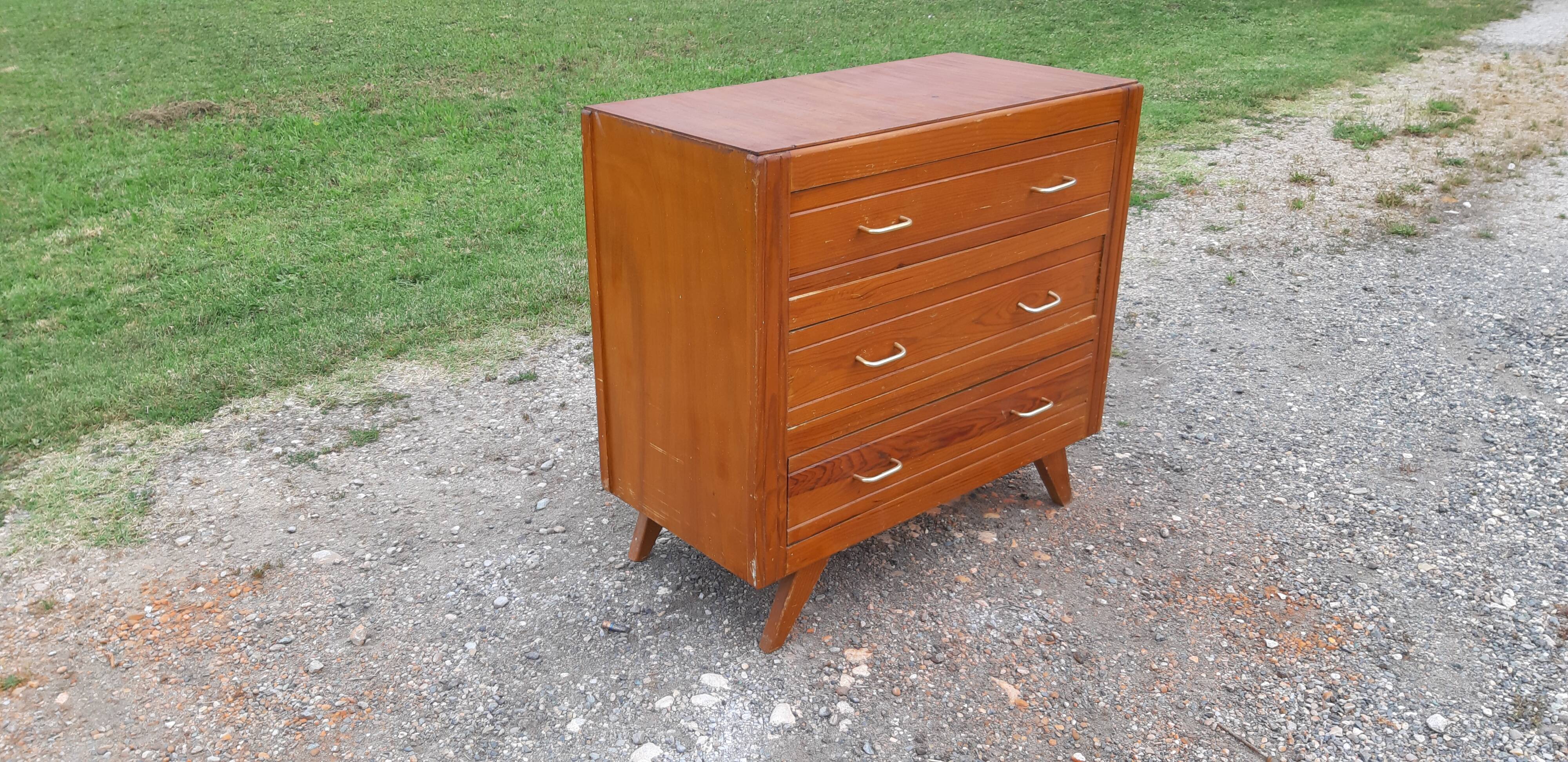 Commode vintage des années 50 en pin, pieds compas, 3 tiroirs