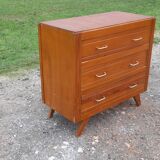 Vintage 1950s pine chest of drawers, compass legs, 3 drawers