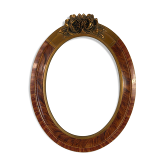 Old oval frame patinated wood & gilded stucco 1930, 52x40cm