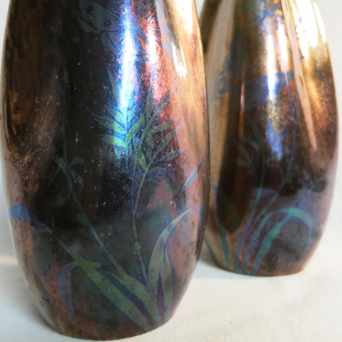 Pair of vases Jean Gaziello in Vallauris décor iridescent Butterfly