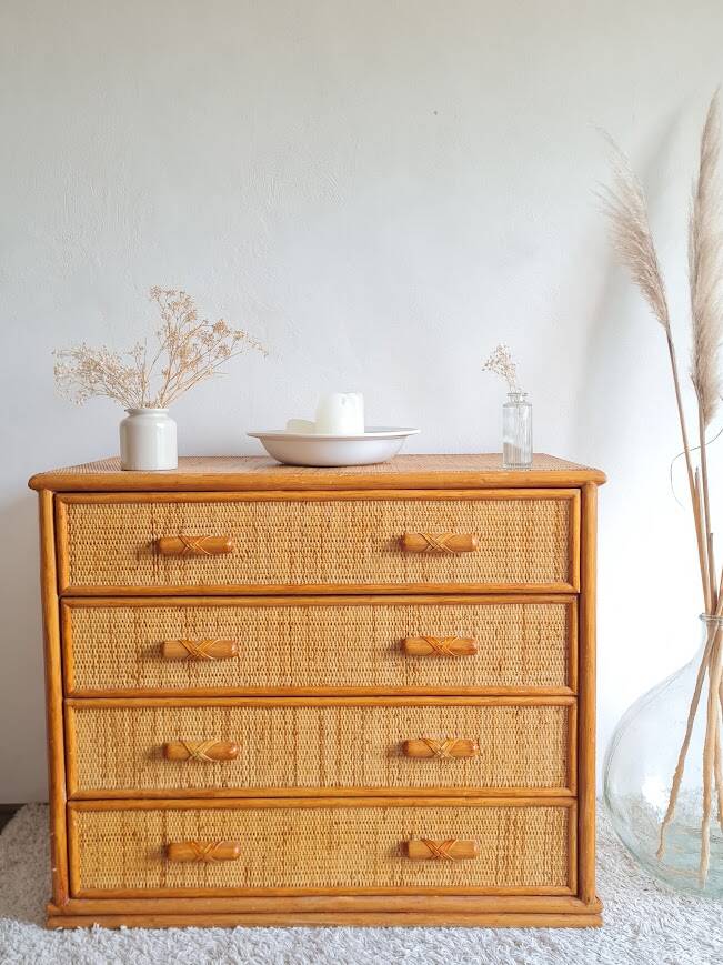 Vintage rattan chest of drawers circa 70s