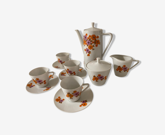 Service à café vintage en porcelaine fine motif floral design des années 70 violet et orange