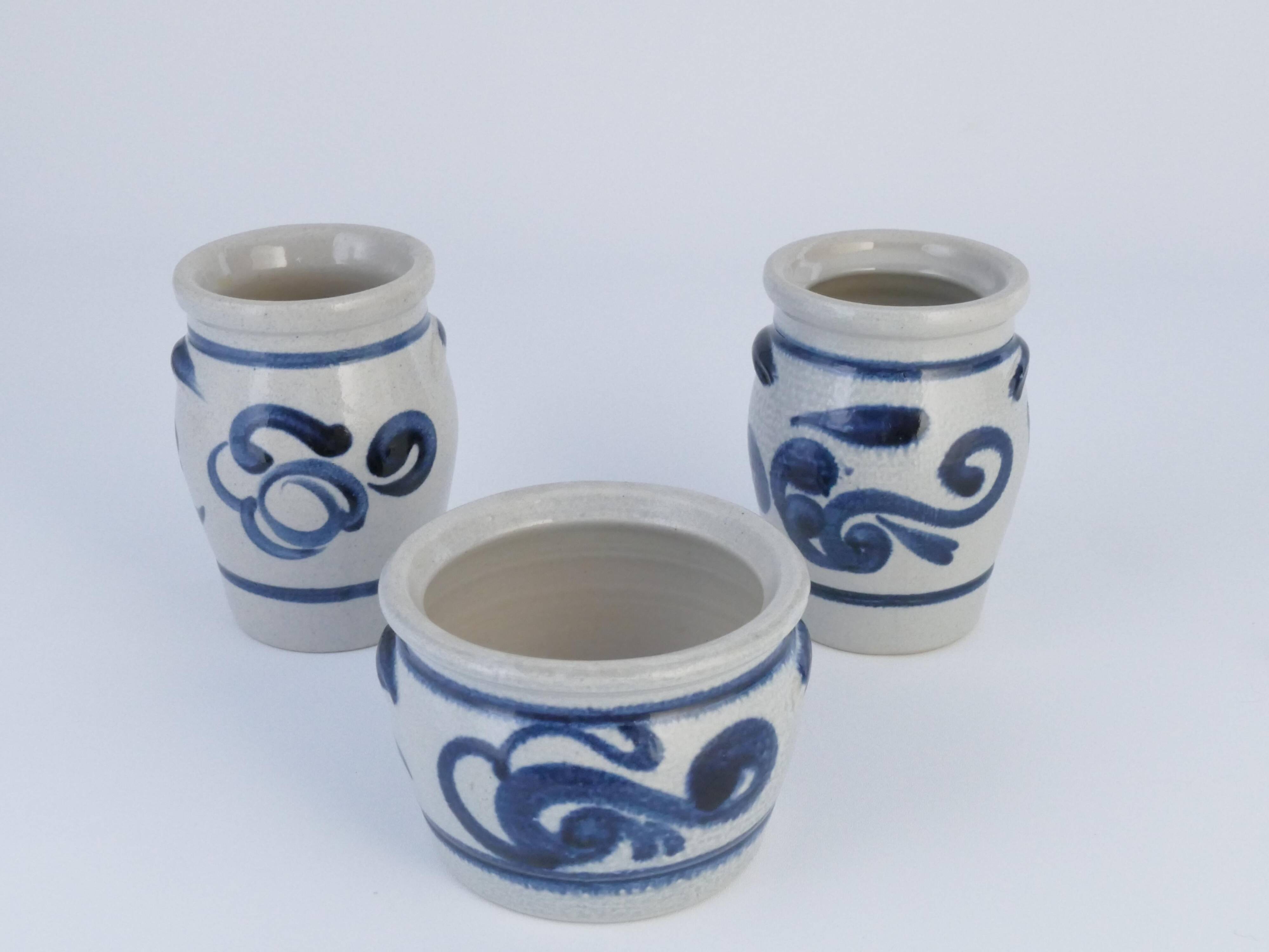 Stoneware Jars with Cobalt Blue Floral Motif from Westerwald, Germany, Set of 3