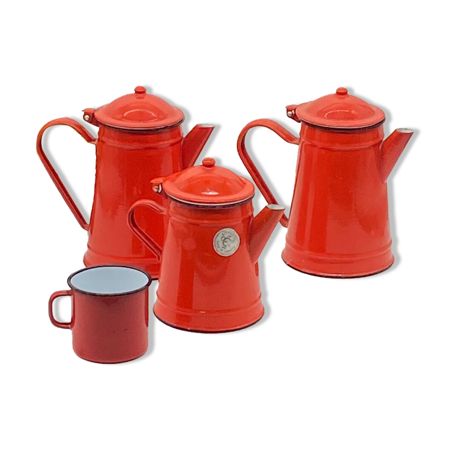 Set of red/white enameled metal coffee makers, vintage