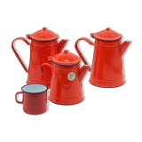 Set of red/white enameled metal coffee makers, vintage