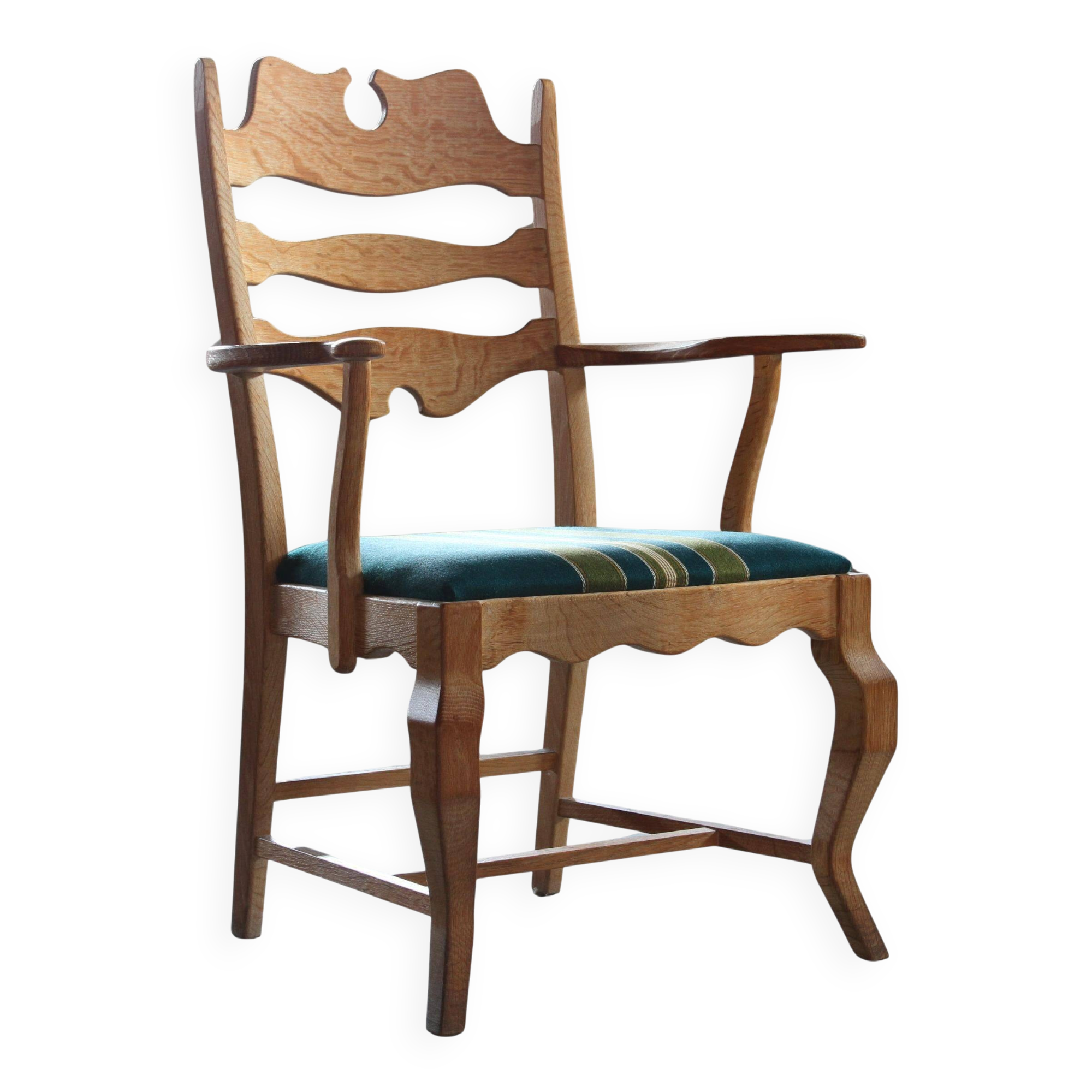 Vintage Brutalist Oak Razorblade Green Striped Armchair by H Kjærnulf, 1960