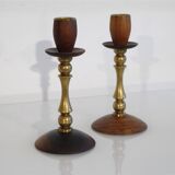 Pair of Danish candle holders in brass and rosewood 1960