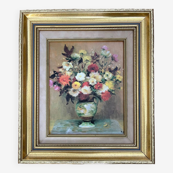 Tableau : huile sur toile - nature morte au bouquet de fleurs