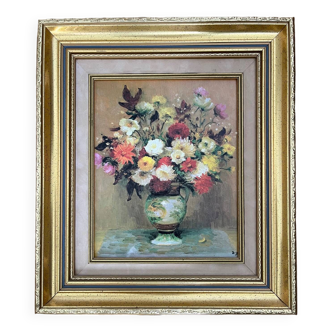 Tableau : huile sur toile - nature morte au bouquet de fleurs