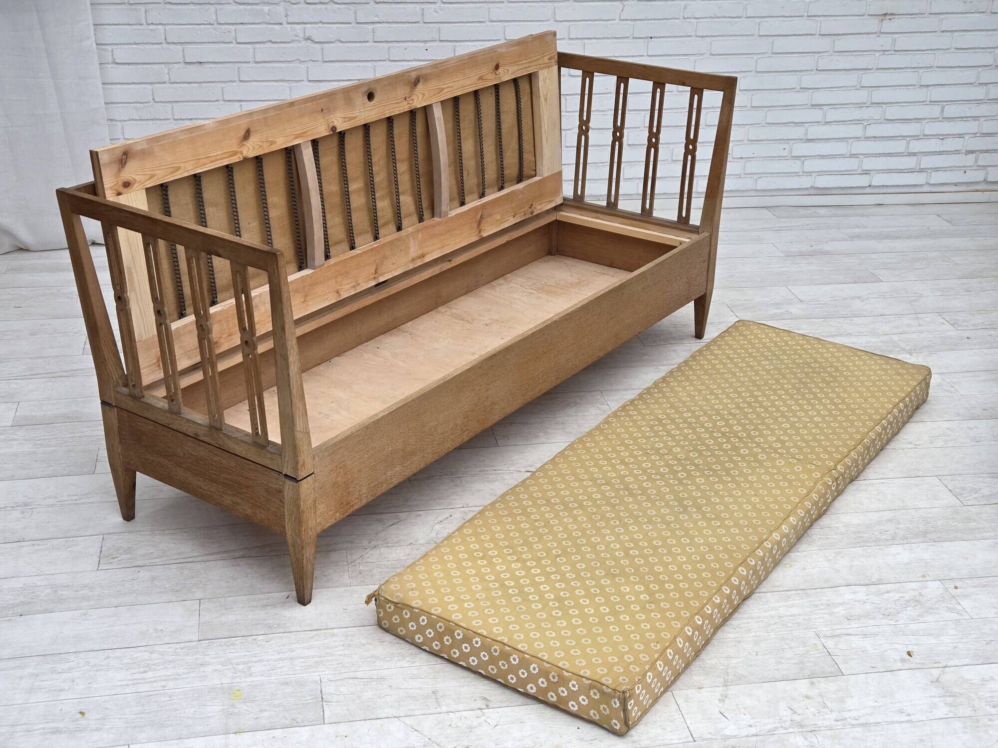 1970s, Swedish drop arm sofa/daybed, furniture fabric, oak wood.