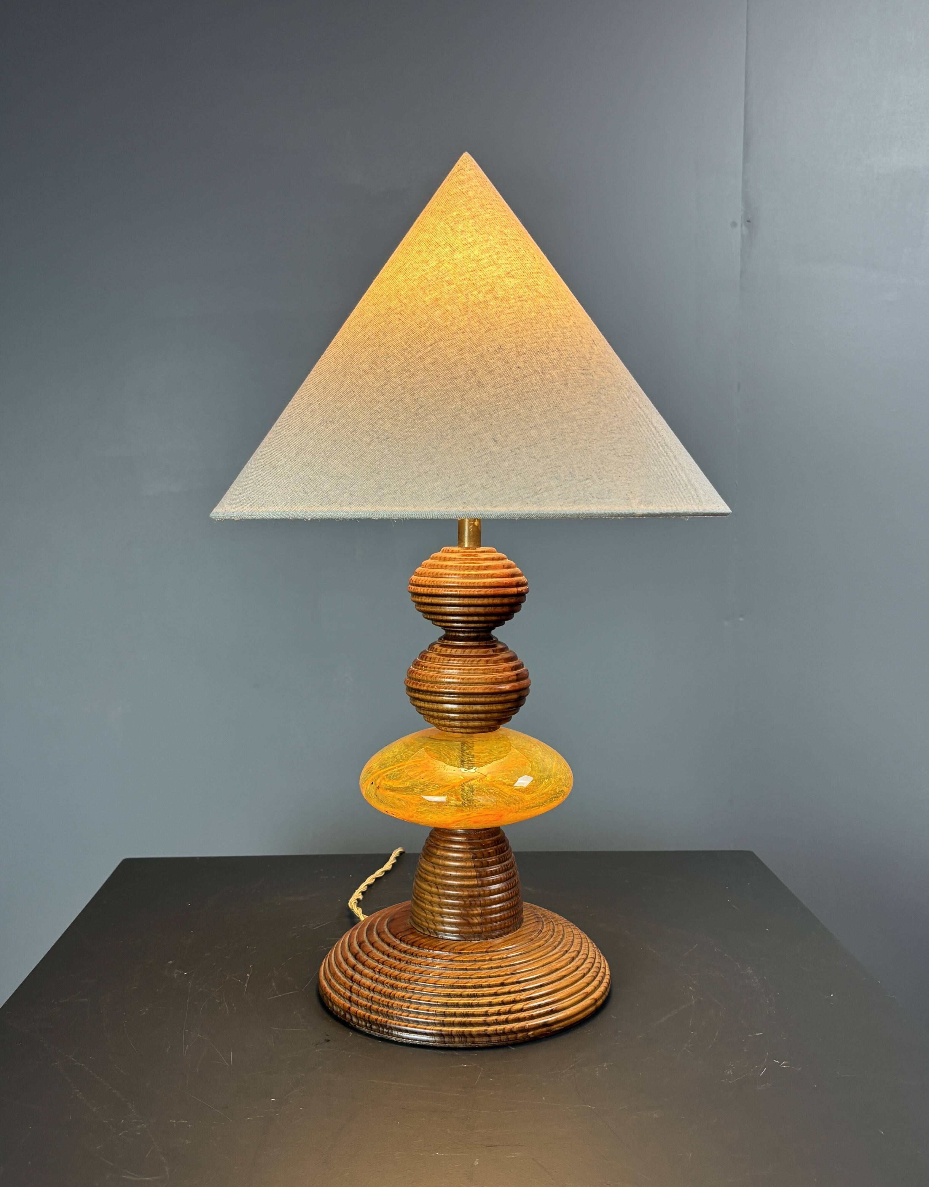 Midcentury wood turned adjustable table lamp with glass sphere, 1970s