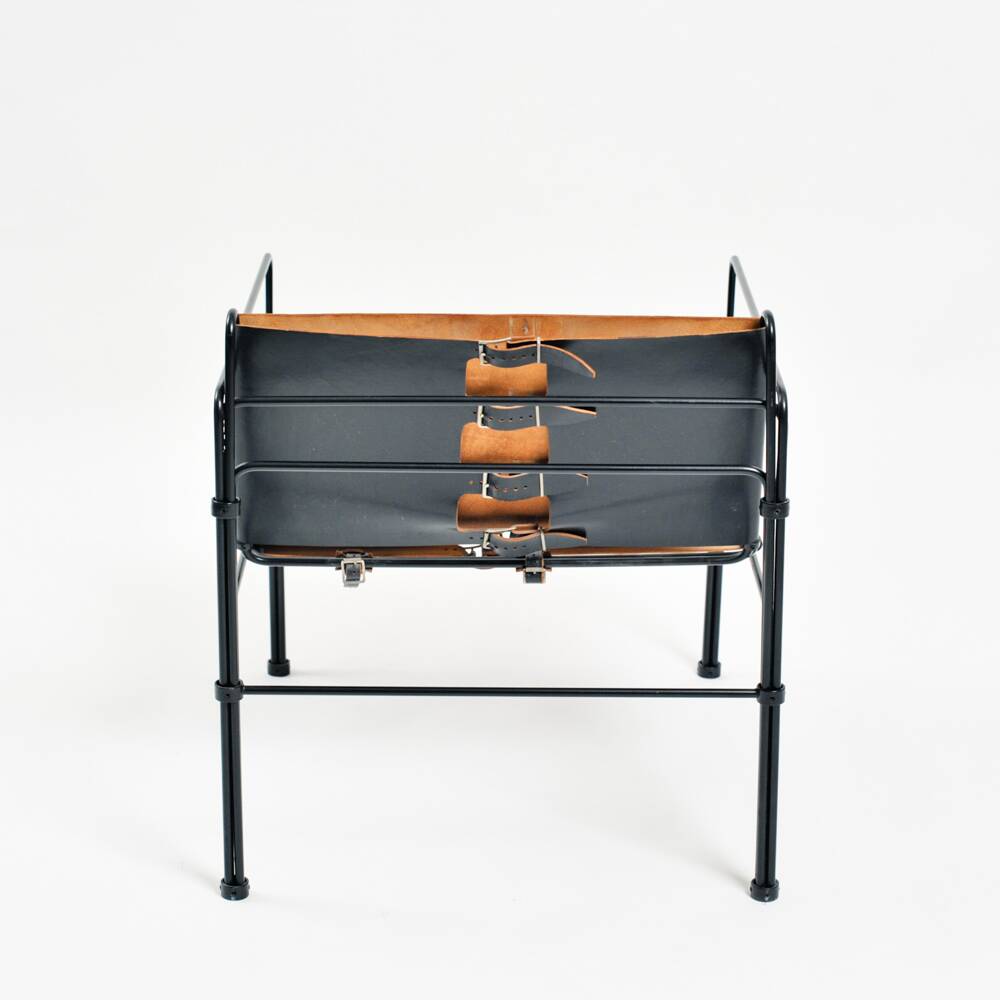 Black modernist design lounge set by Jan van Opzeeland in leather and steel bar, Netherlands, 1980s