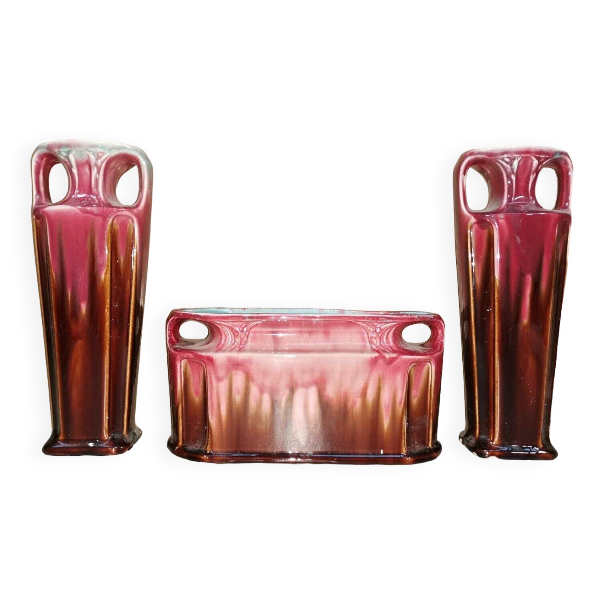 Pair of vases + art nouveau planter orchies slip fireplace trim