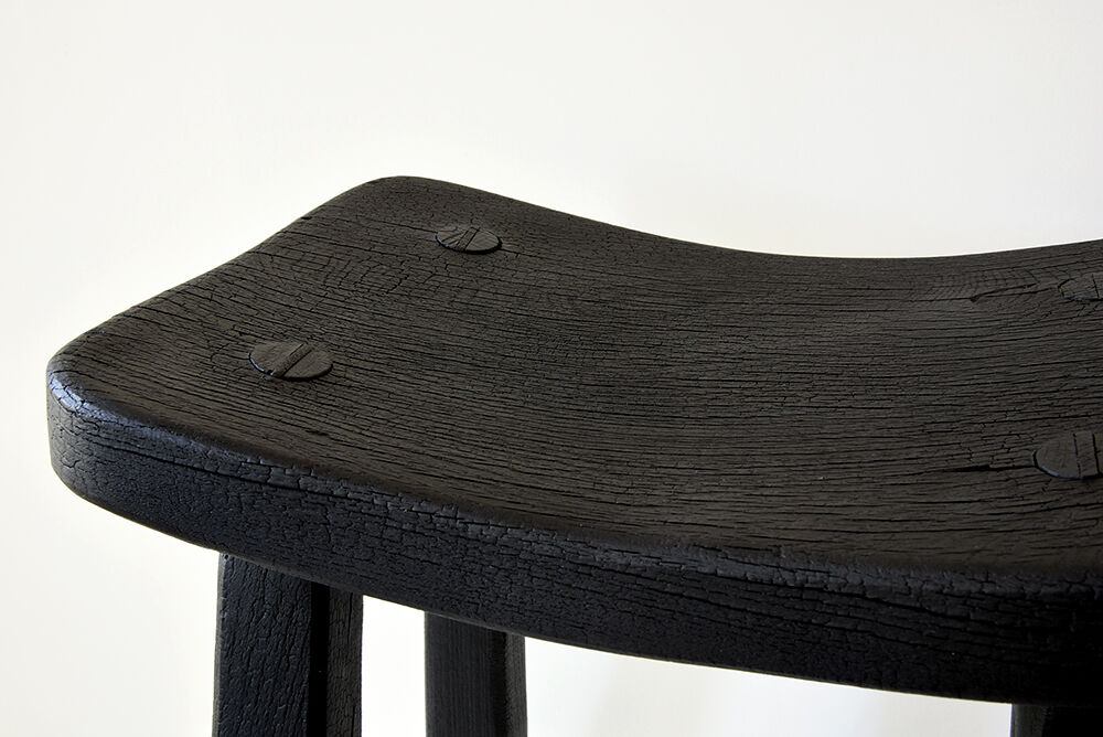 Japanese style wooden stool with burnt wood finish shou-sugi-ban