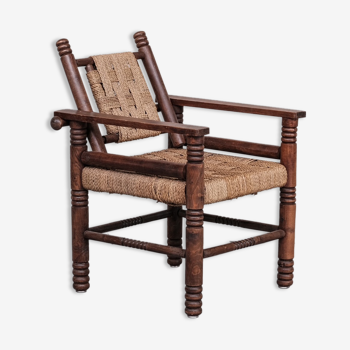 French Art Deco Cord and Oak Armchair