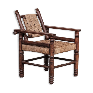 French Art Deco Cord and Oak Armchair