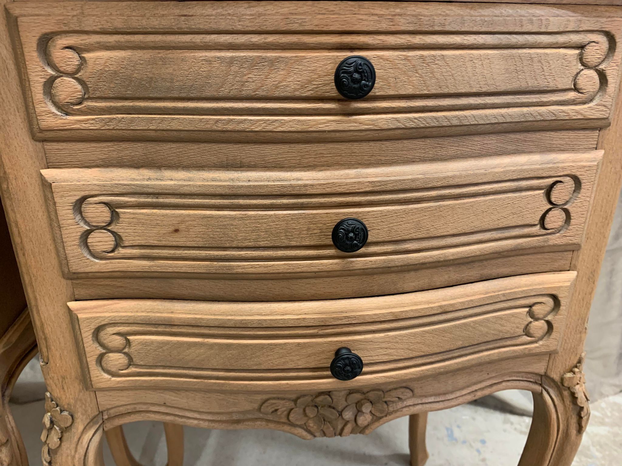 Pair of Louis XV style bedside tables with raw wood appearance