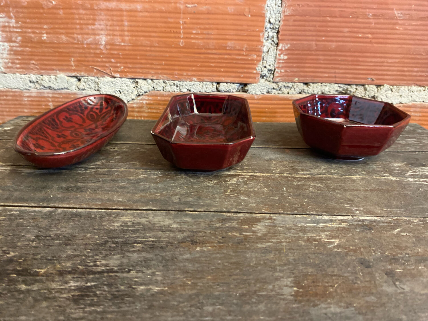 Set of 3 Vintage Red Oriental Ceramic Pocket Vases with Black Decor