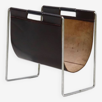 Porte-revues Brabantia en cuir marron et chrome années 1970