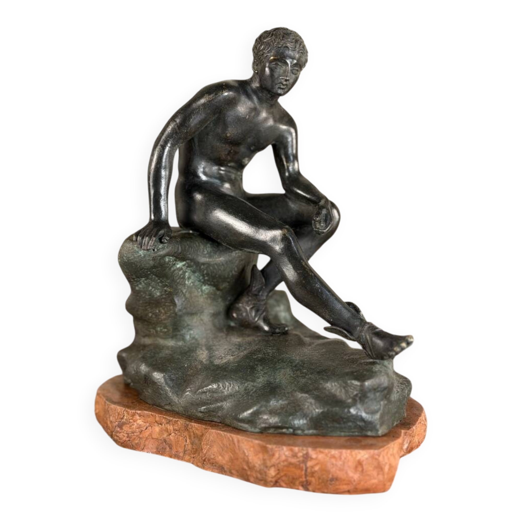 Hermès au repos, bronze Grand Tour, patine noir et verte, XIXème siècle