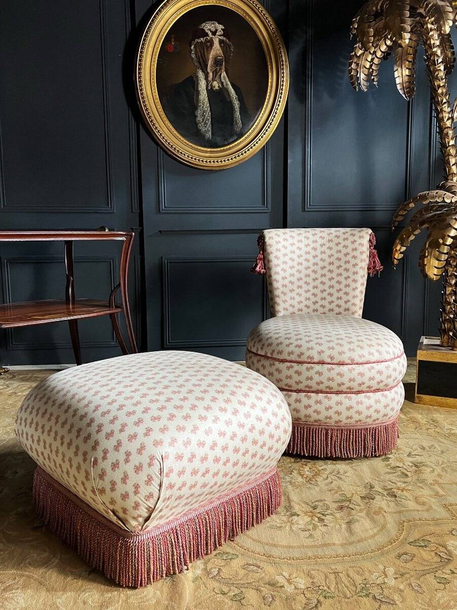 Napoleon III Style Armchair and Pouf with Pink Bow Decor