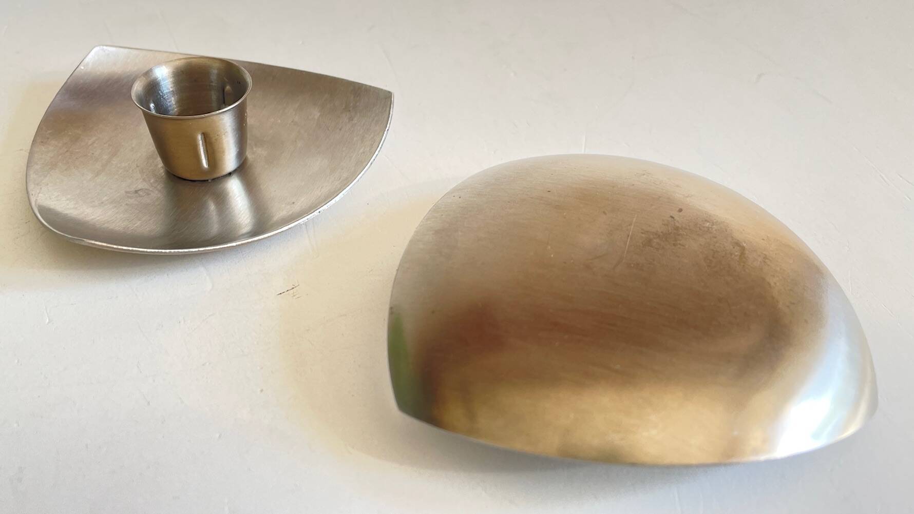 Vintage brushed metal geometric candle holders