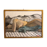 Old oil on panel depicting a nude scene with its golden frame