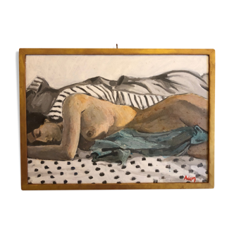 Old oil on panel depicting a nude scene with its golden frame