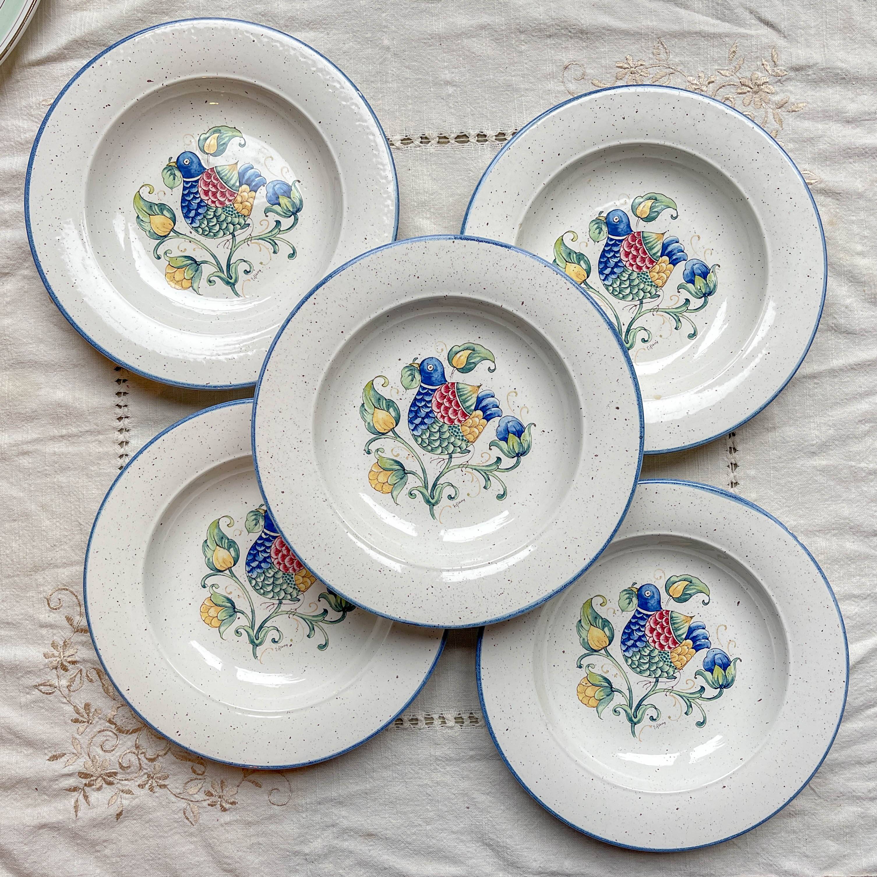 5 Italian speckled earthenware "Tiffany" soup plates - vintage bird motif