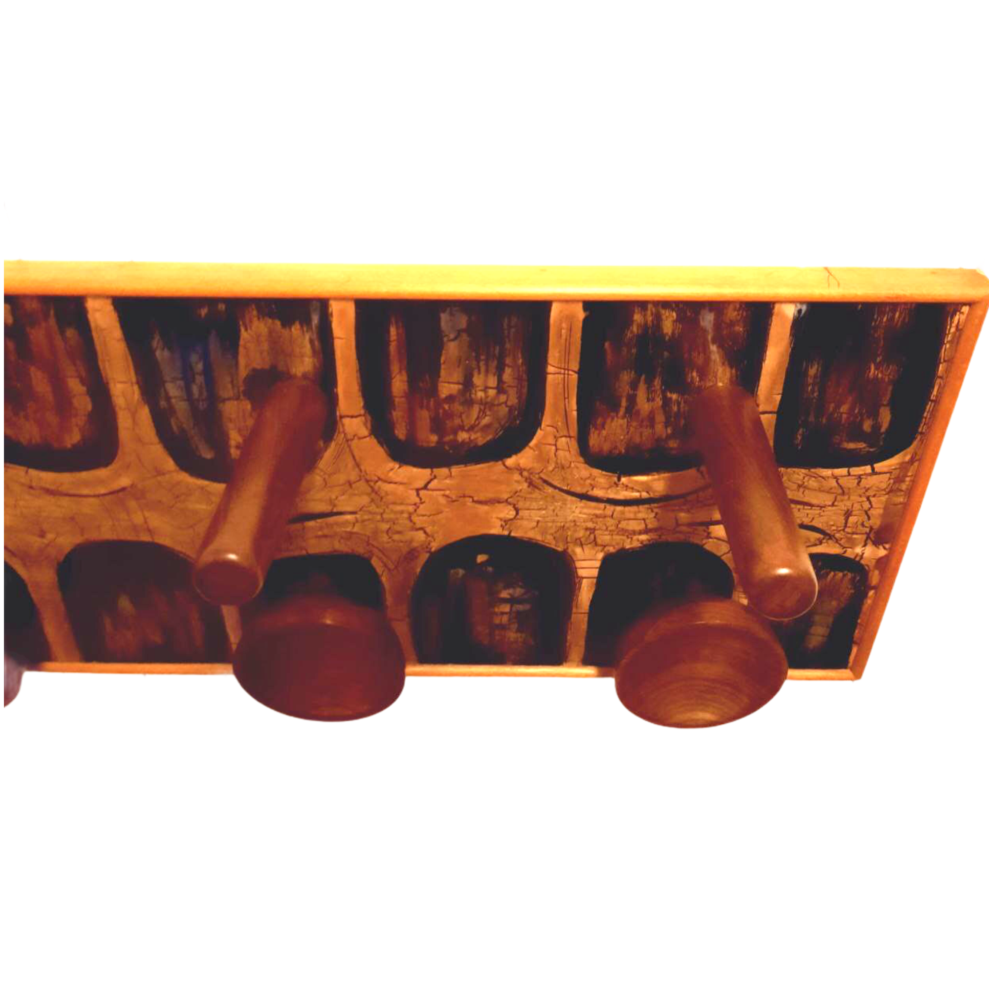 Vintage wooden coat hangers and glazed copper