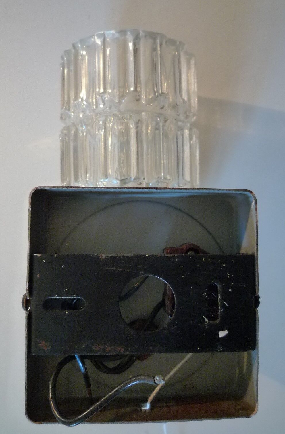 Pair of black lacquered metal, brass and glass wall light