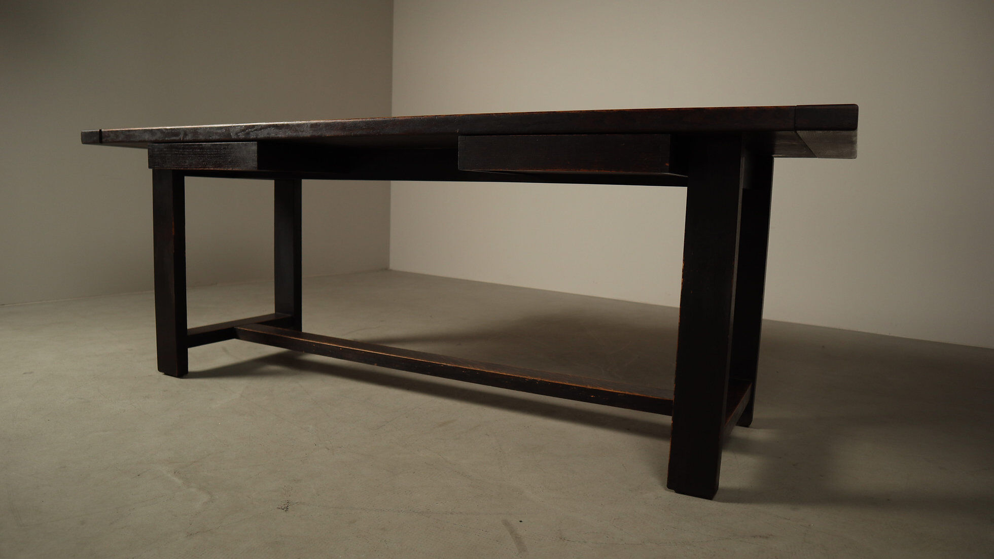 Jean Batenburg dark stained oak dining table for MI, Belgium, circa 1969