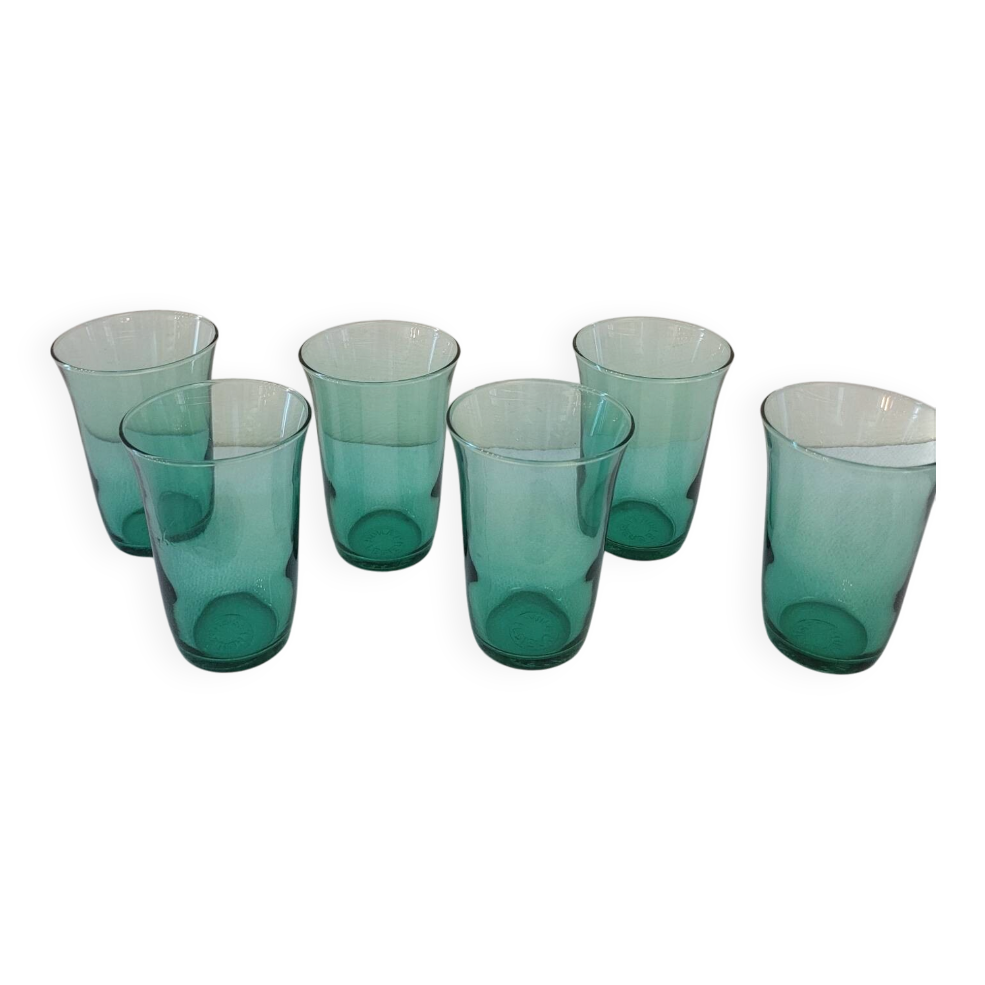 6 green glasses stamped LESIEUR – vintage 60s/70s
