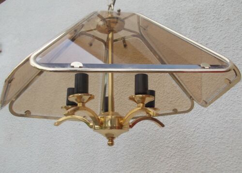 Vintage chandelier 70/80 gilded and smoked glass
